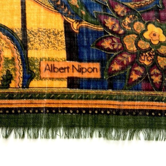 Albert Nipon Wool Square Scarf Shawl Green Blue Yellow Paisley 44x44” Vtg - Picture 11 of 11